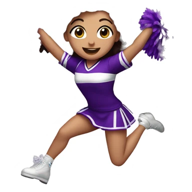 Caucasian cheerleader with dark brown curly hair, jumping and holding up two purple Pom poms, small full body emoji sticker