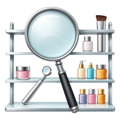 front view magnifying glass over beauty product shelf searching for last item sticker