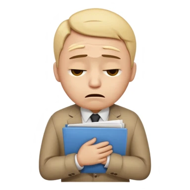  emoji character wearing a interview clothoes. face has a very sad crying, disappointed expression with drooping eyebrows and half-closed eyes. posture is dejected, with slumped shoulders. just rejected from  interview to get a job, holding CV. dont make it old person and dont specify any gender. sticker