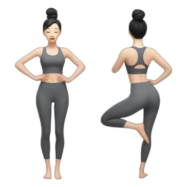 Pale skinned fit woman In a gray tight yoga suit and wristbands With black hair in a bun doing yoga sticker