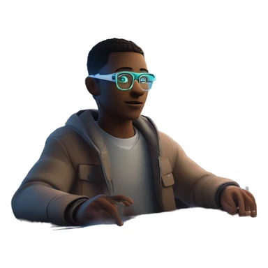 Focused Quantik, with neon accents and AR glasses, taps a holographic screen displaying a complex equation while his drone companion scans for solutions in a futuristic metaverse classroom. sticker