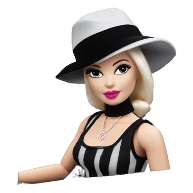 Bouclé Beauty Lingerie Barbie, 1965 Wednesday Addams from academy, in dark-gray and black striped outfit with hat. Driving 1978 Mercedes convertible sports car  sticker