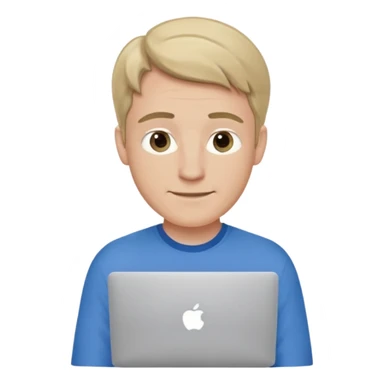 A white man in his mid 20s, middle part average dude with slightly droopy eyes, happy, using a MacBook (no logo), hero for an iOS developers website sticker