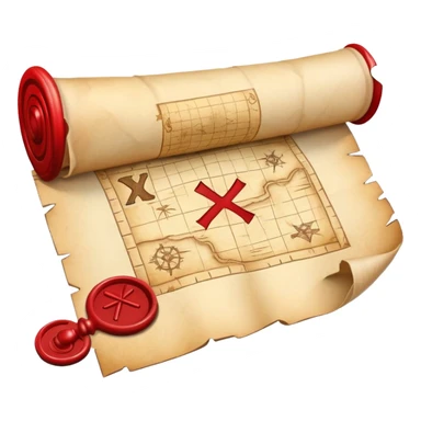 A rolled up treasure map with red wax seal, partially unfolded showing an X sticker