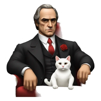 vito corleone as a mafia boss sitting on a red chair petting a white cat on his lap sticker