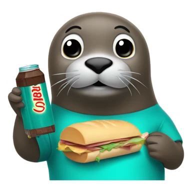 teal seal eating a sandwich with a bottle of soda and a chocolate bar sticker