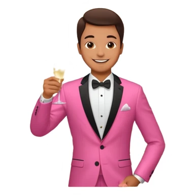 man hosting a dinner party at home wearing a pink suit sticker
