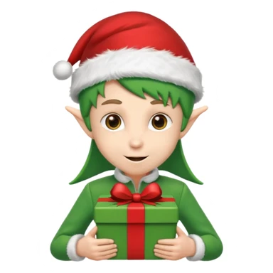 elf wearing a santa hat holidng a xmas present make his unfiorm green adn red sticker