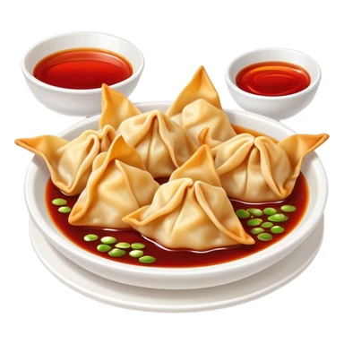 Chengdu Long Chaoshou wonton with red oil sauce on top, simplified emoji style with bold outlines and bright colors, cartoon style Sichuan style wontons sticker