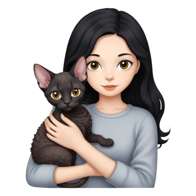 A girl with long black hair holding a Devon cat sticker