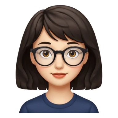 Koyu renk, dağınık dalgalı saçlı, kısa kahküllü, yuvarlak gözlüklü ve büyük kahverengi gözlü bir genç kadının yüzünü gösteren emoji tarzı illüstrasyon. Hafif bir gülümseme veya tatlı bir sırıtış ifadesi var. Cilt tonu açık. sticker