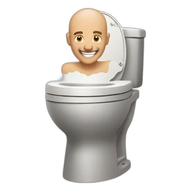 a man popping out of the toilet hole, the man has a shaved head and smiling sticker