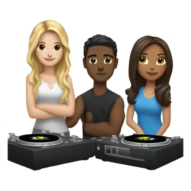 3 people: a white girl with dark hair, a brown girl, and a white guy behind DJ turntables together sticker