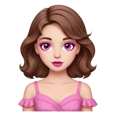 cô gái da trắng tóc nâu gợn sóng mặt V-line với make-up tone hồng mặc áo đầm màu hồng sticker