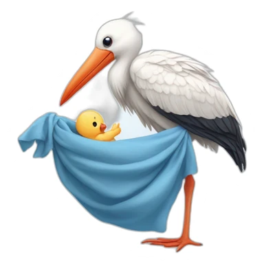 White stork carrying a blue bundle of cloth in its beak that has a human person cute baby human and the human baby head is peeking from the fabric the strok is carrying in its beak sticker