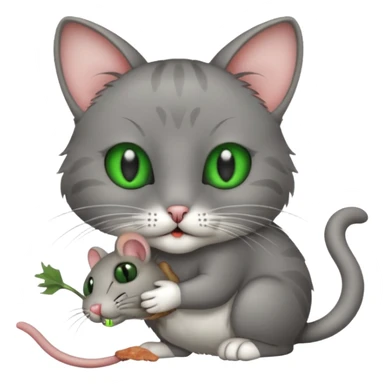 A cat holding a gray dead mouse in its mouth sticker