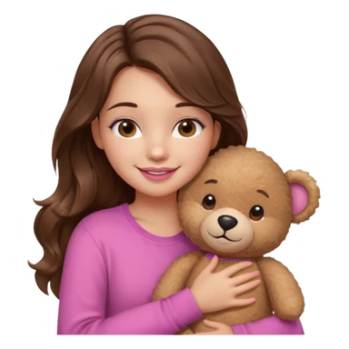 girl with long wavy brown hair, brown eyes, light to medium complexion, in a pink shirt, pink lips, long lashes, smiling, hugging a teddybear sticker