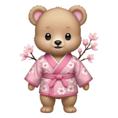 A cute baby bear character in pastel style, standing upright like a human. 
Light brown soft fur, large round ears, rounded paws and feet. 
Big cute black dot eyes, medium blush cheeks, and a tiny smiling mouth. 
Wearing a pink kimono with soft cherry blossom patterns on the sleeves and bottom,  sticker