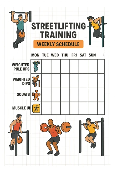 a streetlifting training sheet with icons for each exercise—weighted pull-ups, weighted dips, squats, muscle-ups—organized in a weekly schedule. Around the sheet, small illustrations show athletes performing each movement with proper form. The color palette is bold and energetic, and the background is clean and minimal. sticker