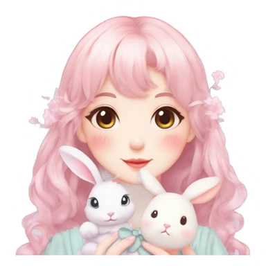 Gorgeous pastel anime style lady with blushing face and a bunny in her hands cottagecore fairycore pastelcore colorful pearly romantic simplistic aesthetic trending style sticker
