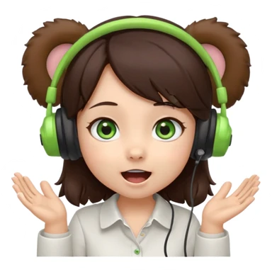 Chibi girl, dark brown hair, green eyes, wearing a white shirt and small brown bear ears on a headset, with wide happy surprised eyes and mouth and clapping excitedly sticker