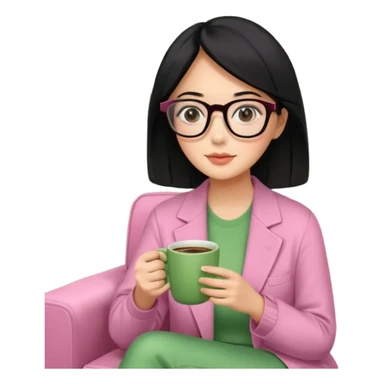 Chica de pelo negro ojos negros y piel morena con lentes oversize square GAFAS DE LEER BIEN GRANDES , ropa de color verde , sentada en una sala de casa , en la mano derecha una taza de cafe en color rosa con una flor negra de diseno. Sentada mirando un drama koreano en la television.  sticker