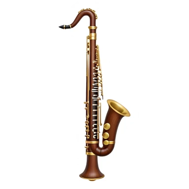 Create an emoji representing a professional bassoon. The design should feature the sleek wooden body of the bassoon with its rich wood tones, showing the intricate keywork and metal springs. The metal tubing of the instrument should be clearly visible, with polished brass accents. Highlight the bell and the distinctive, straight shape of the instrument. The mouthpiece and reed should be visible at the top, emphasizing the functional details. Use warm wood tones like dark brown, with gold and brass accents for the keys and fittings. Add soft musical notes or soundwaves to represent the deep, resonant sound of the bassoon. The background should be transparent. sticker