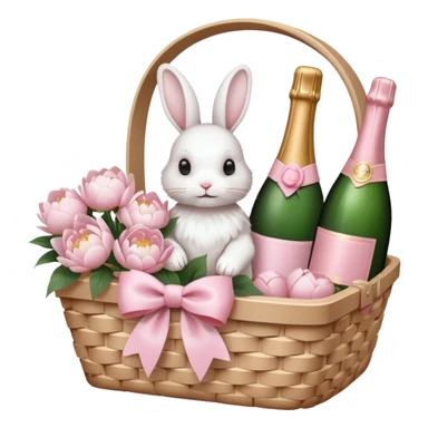 A white Picnic basket with light pink bow, white peonies, a white rabbit and one pink champage bottle inside sticker
