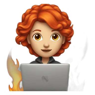 developer red hair woman with a macbook and a huge fire flame behind her sticker
