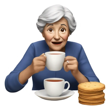 3d hyper realistic senior woman drinking a cup of tea with a biscuit  sticker