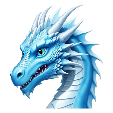 Cinematic Noble wise elegant Ice Dragon Portrait Emoji, Poised and imposing, distinct long elegant snout, with a slender, scaled body shimmering in glacial hues of icy blue, frostbitten silver, and crystalline white, breathing out frost, with piercing, glowing ice blue white eyes that radiate the chilling depths of an arctic storm; rendered in detail. excuding wisdom sticker
