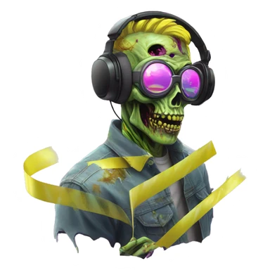 .Zombie_ Vaporwave black holographic oilslick zombie unicorn yellow caution tape holding a vinyl dj graffiti sticker