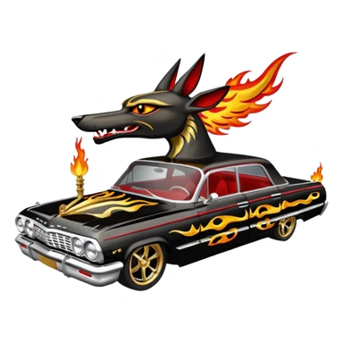 Satans Hot rod custom 1964 impala low rider four door Anubis theme painted hood flaming side-pipes sticker