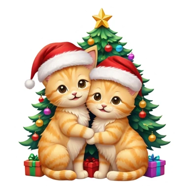 2 cute hugging smiling golden fluffy kittens with Santa hats by a colorful multicolored brightly lit up Christmas tree sticker