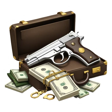 Icon for Action & Crime Reading: an open book with a silhouette of a gun, a bag of money, and a police badge on the pages. Surrounding elements include a pair of handcuffs, a briefcase, and scattered bullet casings. Transparent background. sticker