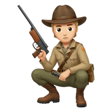 male hunter crouching with gun, alert expression sticker