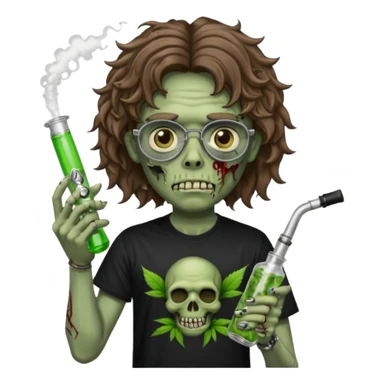 brown wavy haired zombie getting stoned with weed t shirt and bong on his hand and wearing black chrome hearts bifocals sticker