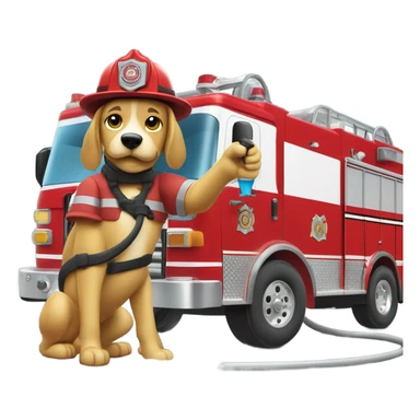 A firefighter dog washing a fire truck sticker