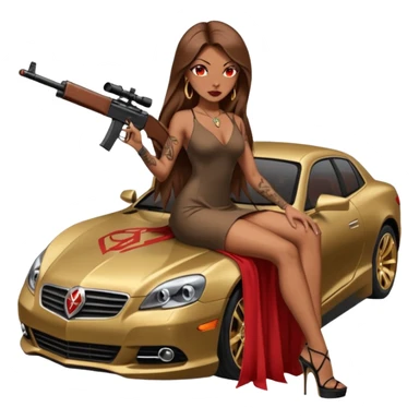 Lilith tan skinfemale red eyes symbol. Tattoo arms. Her hair is brown straight long hair.wearing sexy long sexy dress with slit. black stiletto thick platform high heels shoes on. Sitting on gold giant luxury car with cash inside . She is holding a sniper rifle in one hand cash in other hand sticker