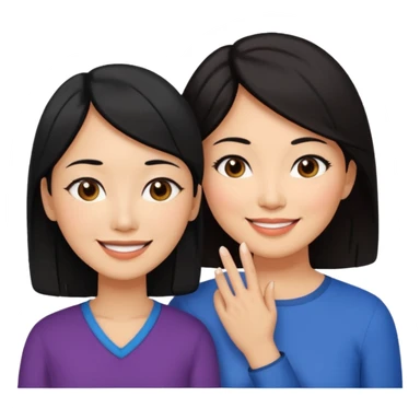 Middle aged light brown skinned woman with black hair, beside a middle aged asian woman with dark brown hair touching their cheek sticker