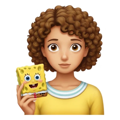 A girl with short curly hair watching SpongeBob  sticker