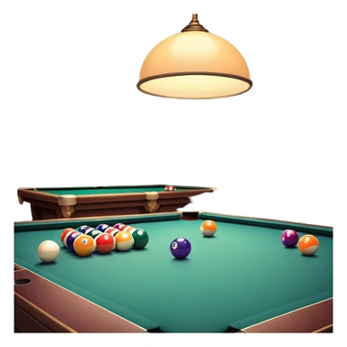 A well-arranged pool table with colorful billiard balls neatly placed, and a cue stick poised to take a shot. The setting is a dimly lit room with a focused atmosphere, highlighting the precision and strategy involved in the game of billiards. sticker