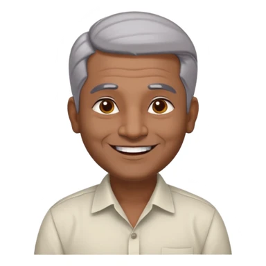 50 yr old indian man, dark skin, grey hair, big smile, white teeth, chubby, no moustache, clean shaven, young style hair, hair brushed back, 5 oclock shadow, bindy on forehead, dress shirt, bindy sticker