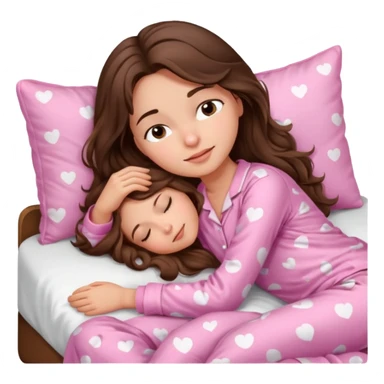 Brunette girl with long wavy brown hair with brown eyes and sleeping on a withe bed with cute pink pjs sticker