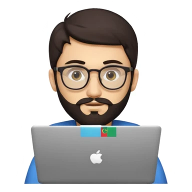 23 year old Azerbaijani man with very dark brown hair and beard with glasses and laptop , light yellow skin face, not european sticker