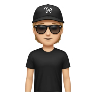 “Emoji of a white man with light brown hair under a black baseball cap, wearing a black t‑shirt and 1980s‑style black Ray‑Ban rectangle sunglasses, with black musical notes floating around his head, modern iOS emoji style. sticker