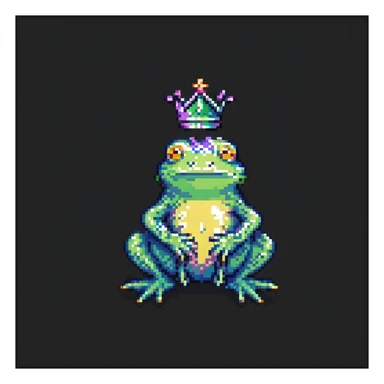 pixel art crowned frog sitting, vibrant colors, simple background sticker