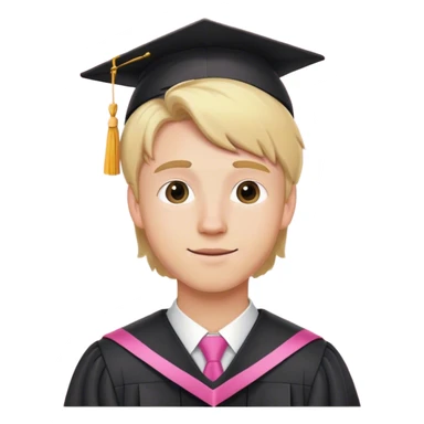 A young white man with blonde hair who has graduated, with a pink theme sticker