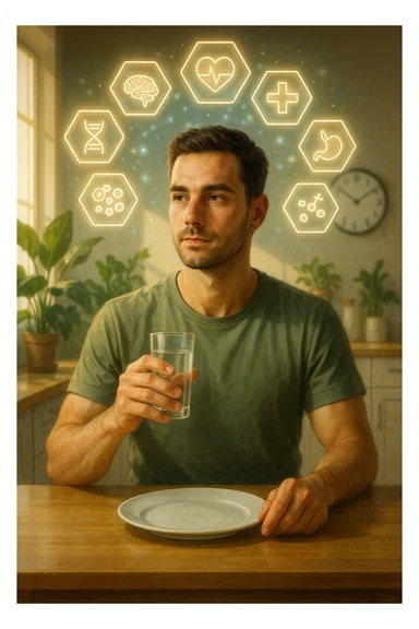 A realistic, cinematic illustration of a healthy, calm man in his early 30s sitting in a bright kitchen in the morning, with an empty plate in front of him and a glass of water in his hand, looking serene and focused. Behind him, the background shows subtle symbols of health: green plants, sunlight streaming in, and a blurred wall clock showing 10:00, symbolizing the fasting window. Above the man, a translucent overlay of medical icons (heart, brain, DNA strand) glows softly, illustrating that intermittent fasting acts as a powerful medicine, not merely a diet. The color palette is fresh and natural, emphasizing health, clarity, and focus. The style is realistic with slight cinematic tones, conveying that the man is using intermittent fasting as a tool for cellular regeneration, inflammation reduction, and health optimization rather than weight loss sticker