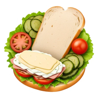 sandwich with turkey, lettuce, pickles, mayonnaise, and tomatoes top-down view sticker